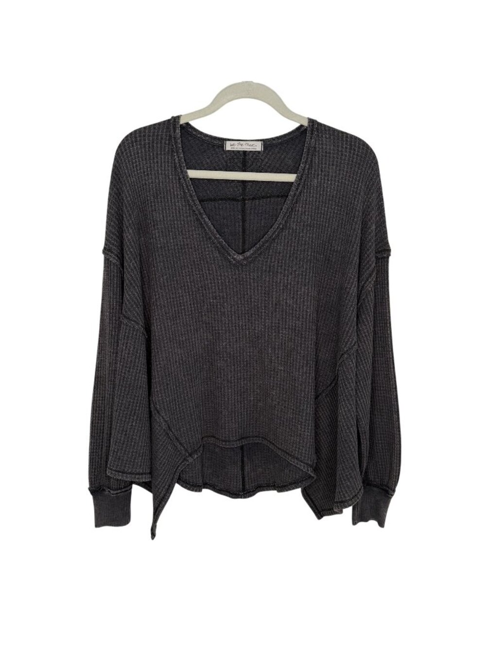 We The Free Charcoal Waffle Knit Oversized V-Neck Top, S